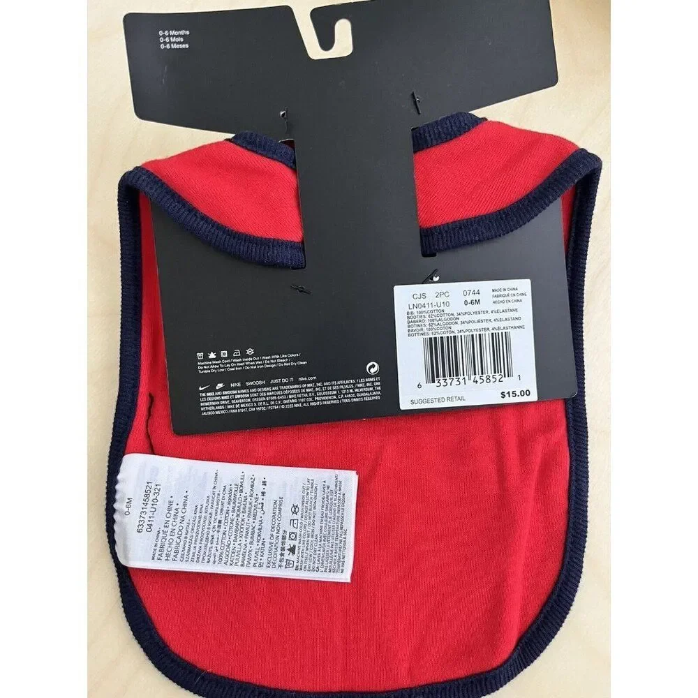 Nike Baby Red Blue Cotton Cuffed Ribbed Trim Swoosh Logo Bib Booties Set 0-6 MO